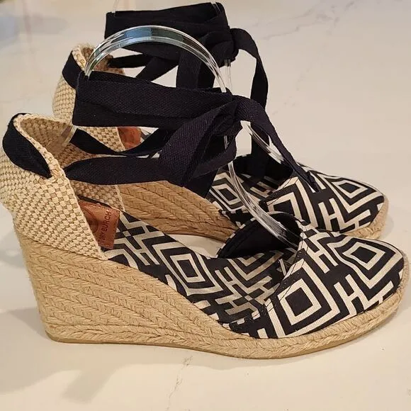 Tory Burch Geo Print Platform Wedge Espadrilles Navy White