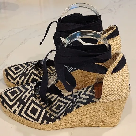 Tory Burch Geo Print Platform Wedge Espadrilles Navy White