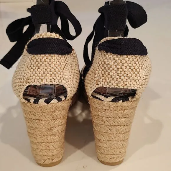 Tory Burch Geo Print Platform Wedge Espadrilles Navy White