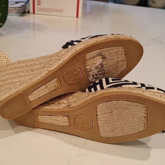 Tory Burch Geo Print Platform Wedge Espadrilles Navy White