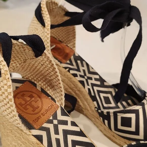 Tory Burch Geo Print Platform Wedge Espadrilles Navy White