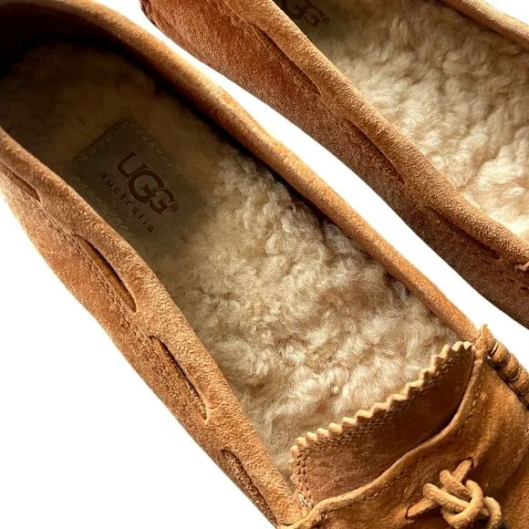 UGG 7.5 Suede Roni Moccasian Driving Loafers Shearling Wool Slippers Shoes Brown