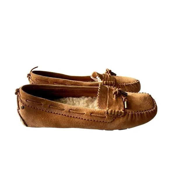 UGG 7.5 Suede Roni Moccasian Driving Loafers Shearling Wool Slippers Shoes Brown