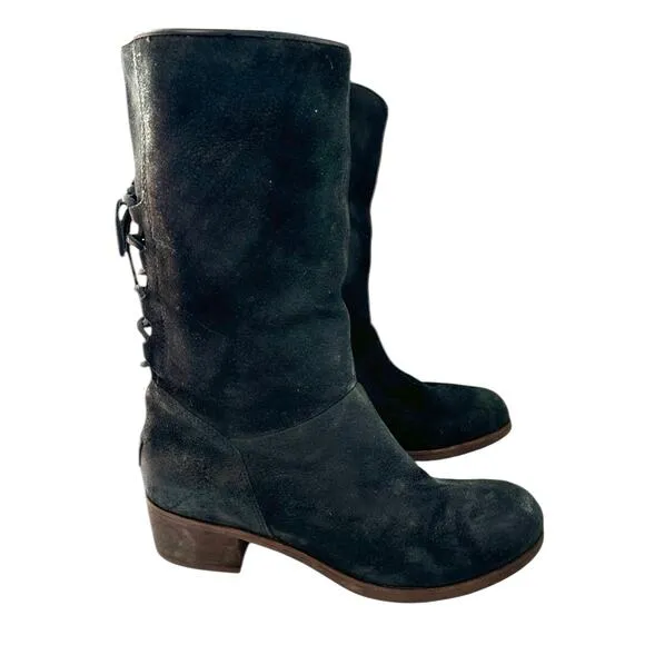 UGG Australia Black Leather Buckle Pull On Lace Up Back Mid Calf Boots 7.5