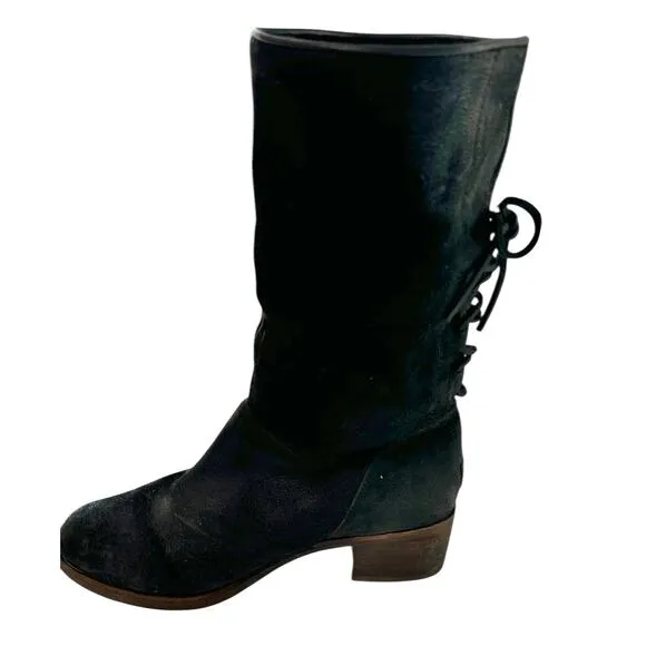 UGG Australia Black Leather Buckle Pull On Lace Up Back Mid Calf Boots 7.5