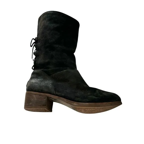 UGG Australia Black Leather Buckle Pull On Lace Up Back Mid Calf Boots 7.5