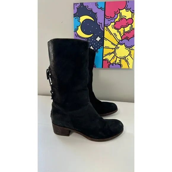 UGG Australia Black Leather Buckle Pull On Lace Up Back Mid Calf Boots 7.5