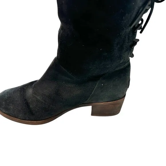 UGG Australia Black Leather Buckle Pull On Lace Up Back Mid Calf Boots 7.5