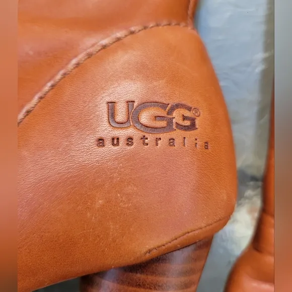 UGG Australia Stella Cognac Leather Mid Calf Sheepskin Heel Cylinder Boots Sz.9