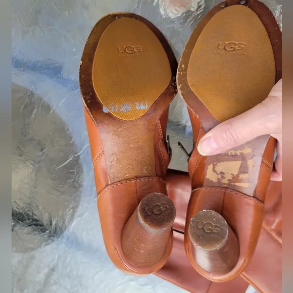 UGG Australia Stella Cognac Leather Mid Calf Sheepskin Heel Cylinder Boots Sz.9
