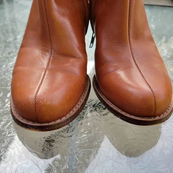 UGG Australia Stella Cognac Leather Mid Calf Sheepskin Heel Cylinder Boots Sz.9