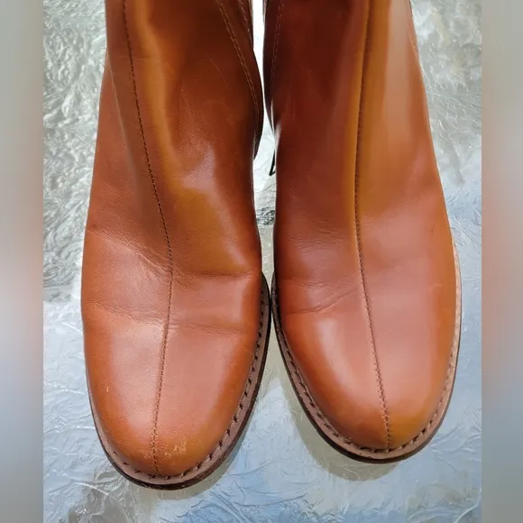UGG Australia Stella Cognac Leather Mid Calf Sheepskin Heel Cylinder Boots Sz.9