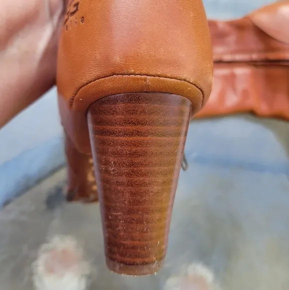 UGG Australia Stella Cognac Leather Mid Calf Sheepskin Heel Cylinder Boots Sz.9