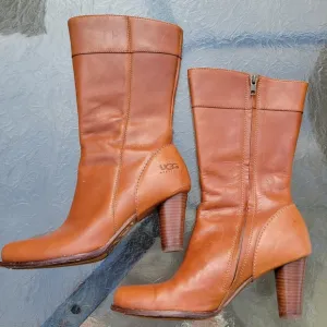 UGG Australia Stella Cognac Leather Mid Calf Sheepskin Heel Cylinder Boots Sz.9