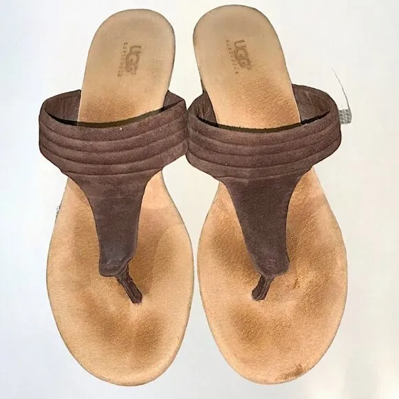 UGG Australia Zamora Suede Platform Thong Brown Wedge Espadrilles Sandals Size 8