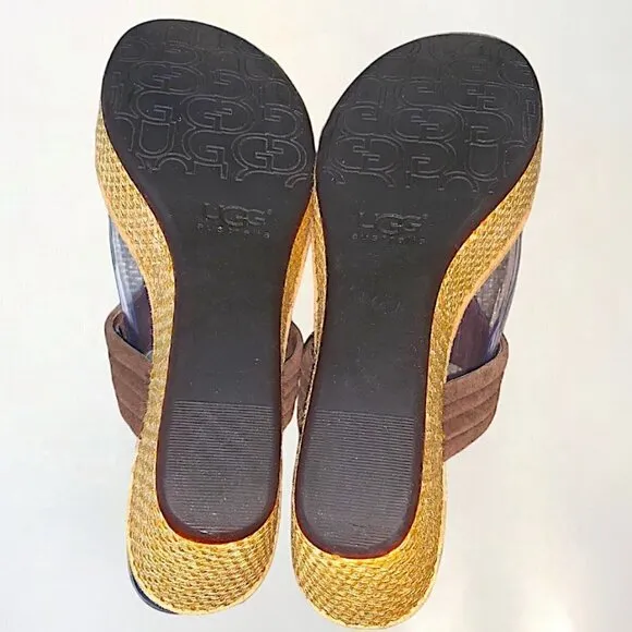 UGG Australia Zamora Suede Platform Thong Brown Wedge Espadrilles Sandals Size 8