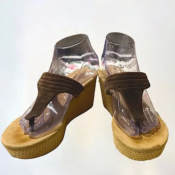 UGG Australia Zamora Suede Platform Thong Brown Wedge Espadrilles Sandals Size 8