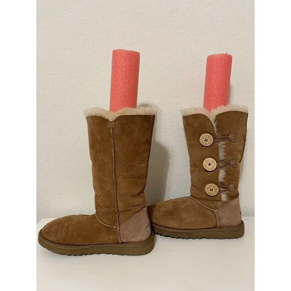UGG Bailey Button Triplet Sheepskin Mid Calf Boots Chestnut Women's Size 6