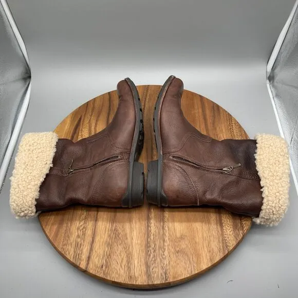 UGG Bellvue Boots Womens Size 8 Brown Leather Pull On Zipper Mid Calf Shoes