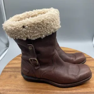 UGG Bellvue Boots Womens Size 8 Brown Leather Pull On Zipper Mid Calf Shoes