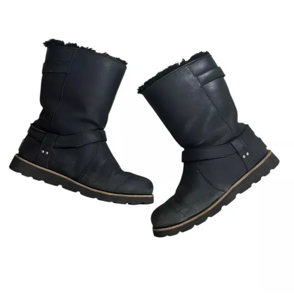 UGG Black Winter Boots with Furry Lining and Decorative Straps