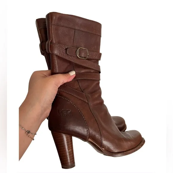 UGG Carolina Mid-Calf Leather Heeled Boots in Tobacco Brown✨