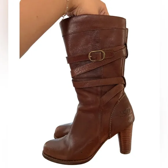 UGG Carolina Mid-Calf Leather Heeled Boots in Tobacco Brown✨
