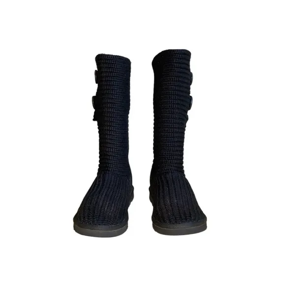 Ugg Classic Cardy Black Chunky Ribbed Knit &amp; Suede Convertible Pull-On Boots