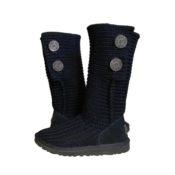 Ugg Classic Cardy Black Chunky Ribbed Knit &amp; Suede Convertible Pull-On Boots