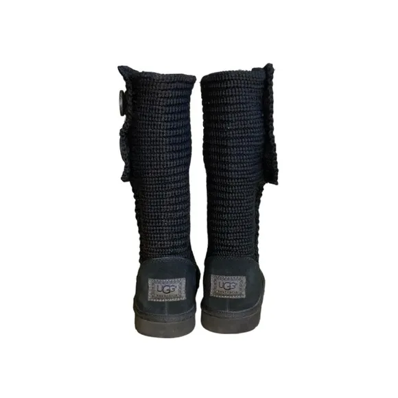 Ugg Classic Cardy Black Chunky Ribbed Knit &amp; Suede Convertible Pull-On Boots