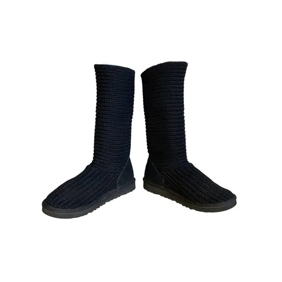 Ugg Classic Cardy Black Chunky Ribbed Knit &amp; Suede Convertible Pull-On Boots