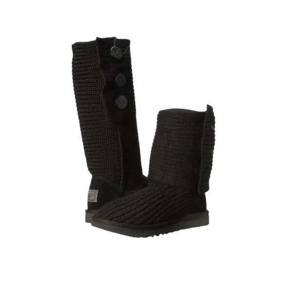Ugg Classic Cardy Black Chunky Ribbed Knit &amp; Suede Convertible Pull-On Boots