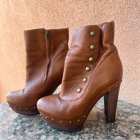 UGG Cosima Brown Leather Sheepskin Studded Chunky Heel Ankle Boots.