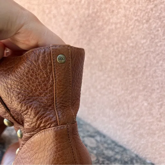 UGG Cosima Brown Leather Sheepskin Studded Chunky Heel Ankle Boots.