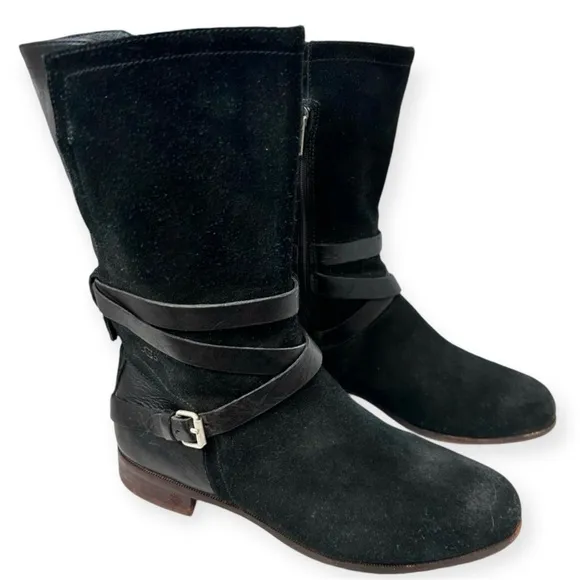 UGG Deanna 1001791 Suede Leather Side Zip Mid Calf Black Belted Buckle Boots 8.5