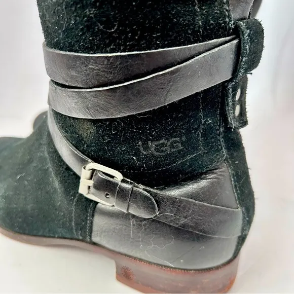 UGG Deanna 1001791 Suede Leather Side Zip Mid Calf Black Belted Buckle Boots 8.5