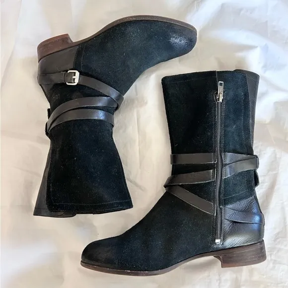 UGG Deanna 1001791 Suede Leather Side Zip Mid Calf Black Belted Buckle Boots 8.5