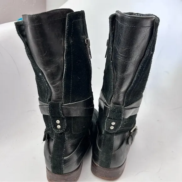 UGG Deanna 1001791 Suede Leather Side Zip Mid Calf Black Belted Buckle Boots 8.5