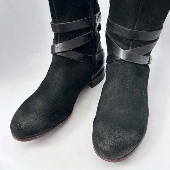 UGG Deanna 1001791 Suede Leather Side Zip Mid Calf Black Belted Buckle Boots 8.5