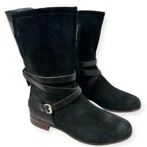 UGG Deanna 1001791 Suede Leather Side Zip Mid Calf Black Belted Buckle Boots 8.5