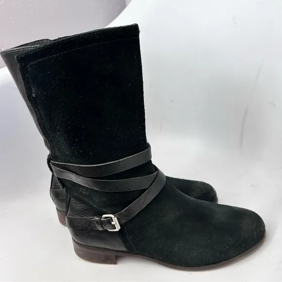 UGG Deanna 1001791 Suede Leather Side Zip Mid Calf Black Belted Buckle Boots 8.5