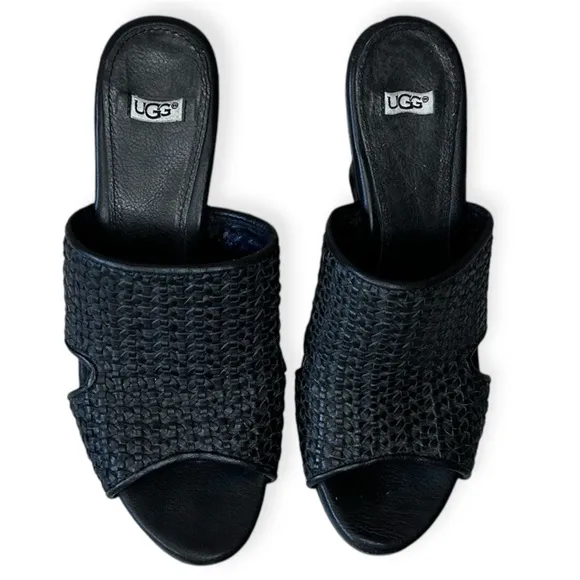 UGG Doha Black Woven Leather Wedge Platform Sandals Size 7 Women’s