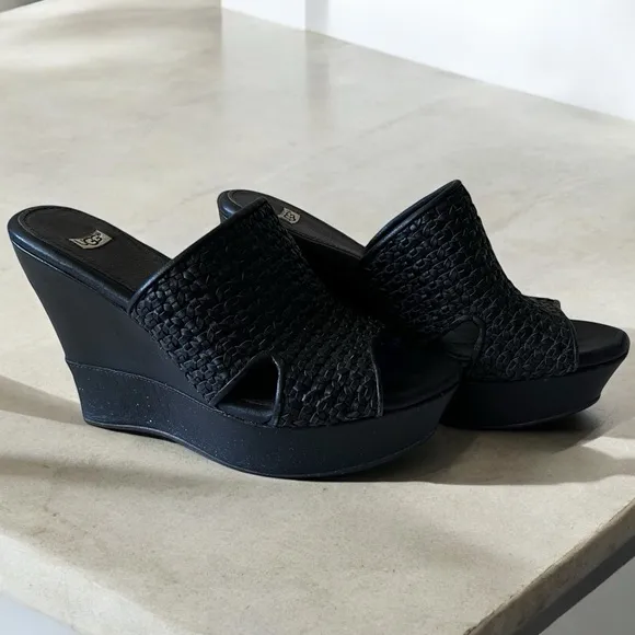 UGG Doha Black Woven Leather Wedge Platform Sandals Size 7 Women’s