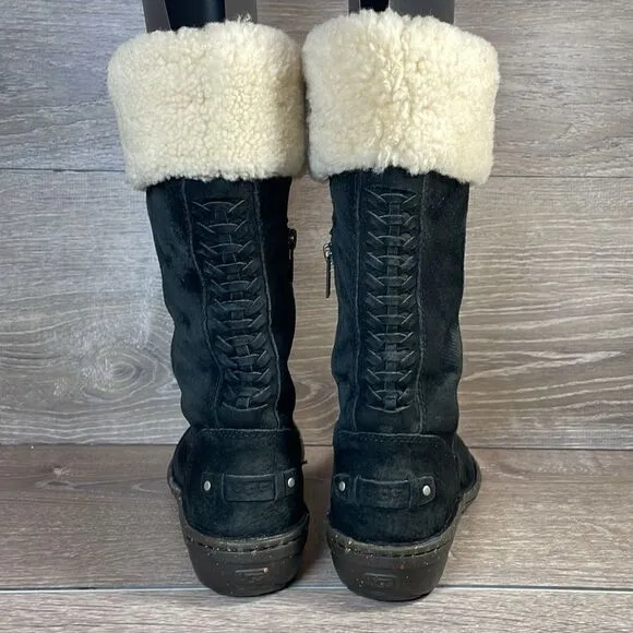 Ugg Karyn Black Suede Warm Shearling Cuff Women’s Sz 5 Zip Pull On Winter Boots