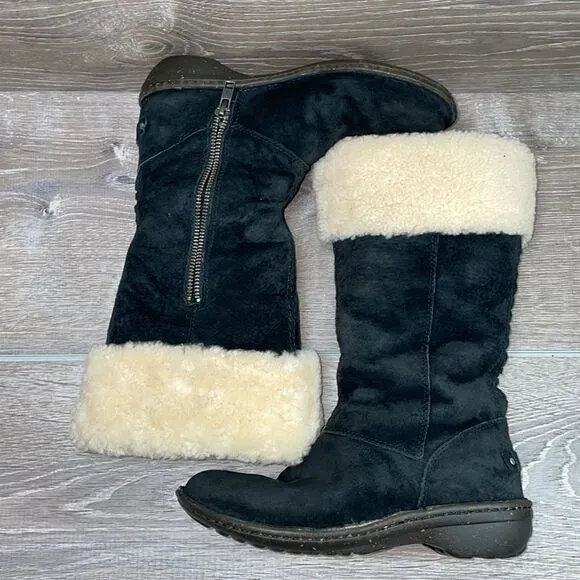 Ugg Karyn Black Suede Warm Shearling Cuff Women’s Sz 5 Zip Pull On Winter Boots