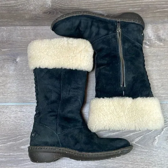 Ugg Karyn Black Suede Warm Shearling Cuff Women’s Sz 5 Zip Pull On Winter Boots
