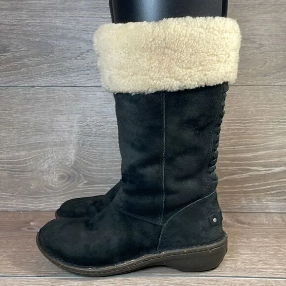 Ugg Karyn Black Suede Warm Shearling Cuff Women’s Sz 5 Zip Pull On Winter Boots