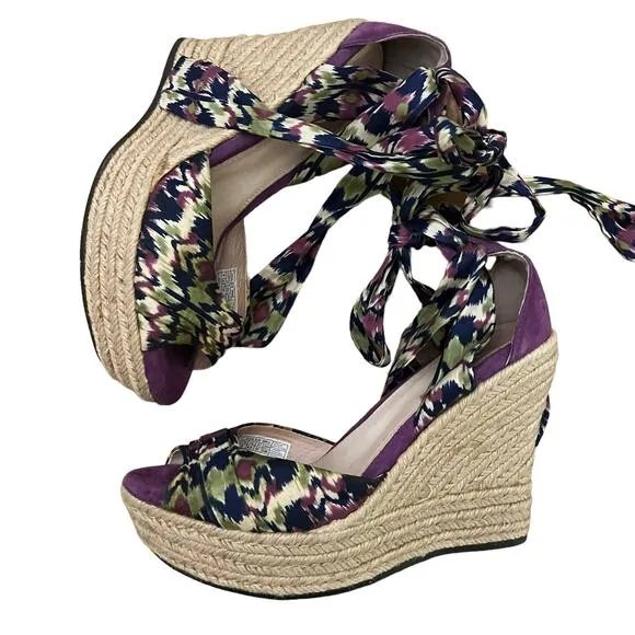 UGG Luciana Silk Purple Print Ankle Bow Wedge lace up Espadrilles Size 6