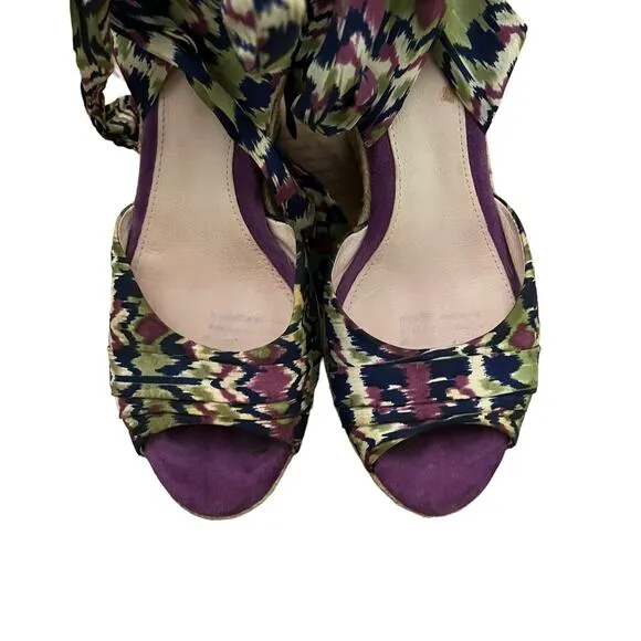 UGG Luciana Silk Purple Print Ankle Bow Wedge lace up Espadrilles Size 6