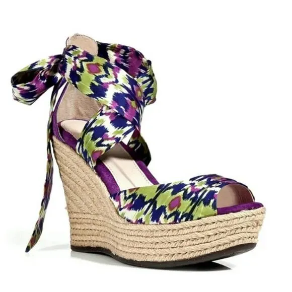 UGG Luciana Silk Purple Print Ankle Bow Wedge lace up Espadrilles Size 6